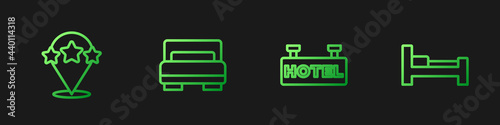 Set line Signboard with text Hotel, Five stars rating review, room bed and . Gradient color icons. Vector