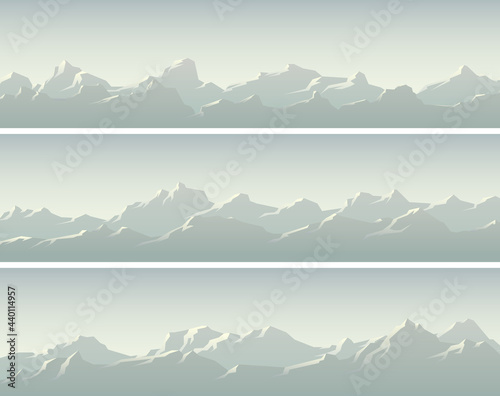 Set of vector horizontal simple banners with snowy mountain ranges.