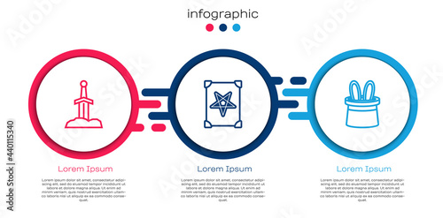 Set line Sword in the stone, Ancient magic book and Magician hat and rabbit ears. Business infographic template. Vector