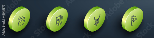 Set Isometric line Witch cauldron, Three tarot cards, Pentagram necklace and Bottle with love potion icon. Vector
