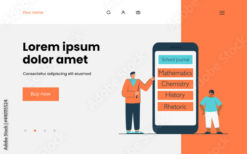 Teacher showing school journal to pupil. Teacher with pointer showing mobile app with school journal. Interested student looking at it. Educational concept for banner, website design or landing page