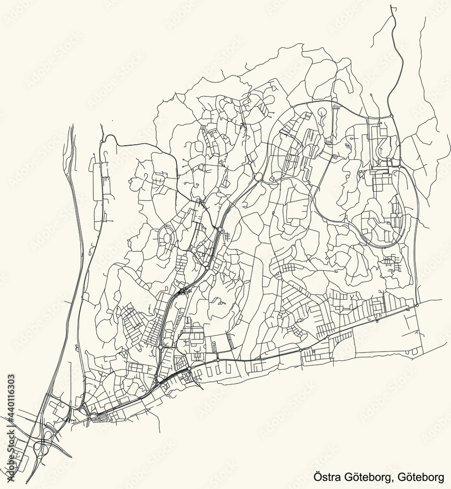 Fototapeta premium Black simple detailed street roads map on vintage beige background of the quarter Östra Göteborg (Eastern Gothenburg) borough of Gothenburg, Sweden