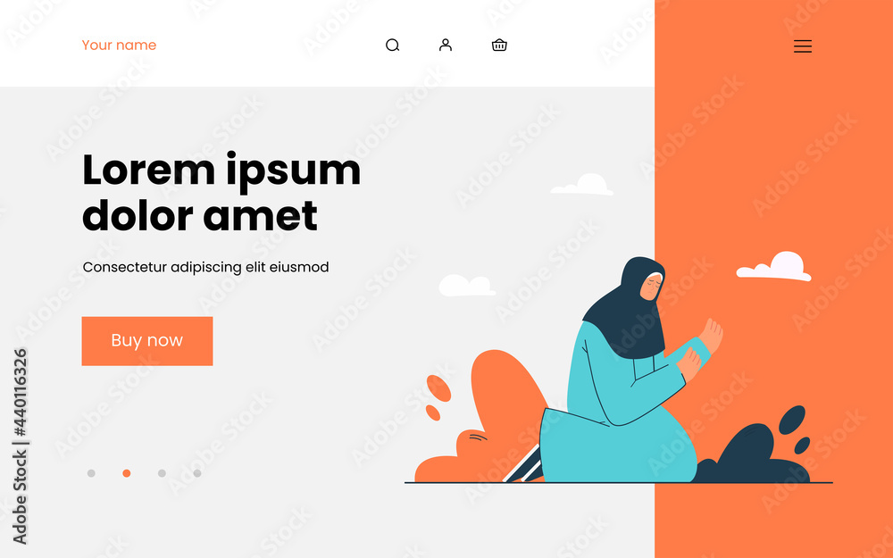 Woman with covered head praying at night. Flat vector illustration. Female character sitting on her knees, turning to God, asking for help. Faith, religion, trouble concept for banner or landing page