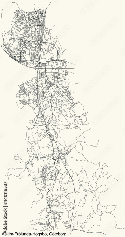 Obraz premium Black simple detailed street roads map on vintage beige background of the quarter Askim-Frölunda-Högsbo borough of Gothenburg, Sweden