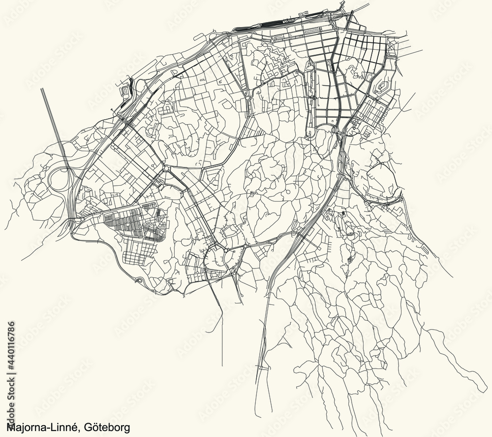 Black simple detailed street roads map on vintage beige background of the quarter Majorna-Linné borough of Gothenburg, Sweden