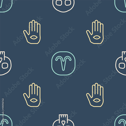 Set line Skull, Hamsa hand and Aries zodiac on seamless pattern. Vector photo