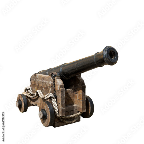 A medieval cannon for firing cannonballs . wrapped in ship ropes . Weapons for war . Isolate on a white background . Used in the past to bombard castles and fortifications . photo