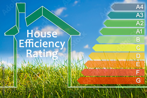 Buildings energy efficiency and Rating concept with energy certification classes according to the new European law called Energy Performance of Buildings Directive (EPBD) photo