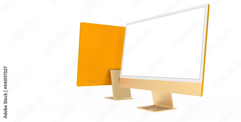 yellow Workspace blank screen desktop computer, Mockup computer gold yellow Workspace blank screen desktop computer, Mockup computer gold