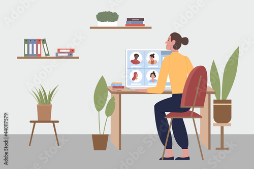 Online video call chat, business work conference vector illustration. Cartoon young woman character sitting at computer desk in home office, working with colleagues during videoconference background