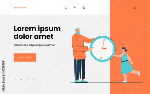 Grandfather and little girl holding giant watch together. Flat vector illustration. Tiny cartoon old man giving huge clock little girl in dress. Time, generation, family concept for banner design