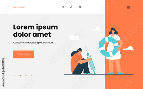 Doctor saving addicted girl. Flat vector illustration. .Cartoon woman in white coat holding lifebuoy next to addicted girl holding a huge syringe. Addiction, medicine, help, trouble, disease concept