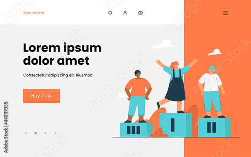 Children winning prizes and standing on podium. Flat vector illustration. Girls taking first and second places, and boy took third place in competition. Sport, victory, concurrence, rewarding concept