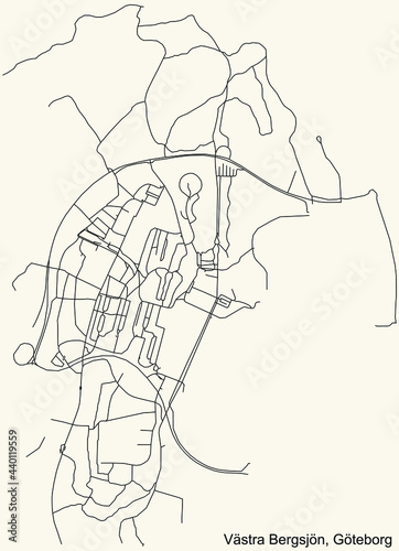 Black simple detailed street roads map on vintage beige background of the quarter V  stra Bergsj  n district of Gothenburg  Sweden