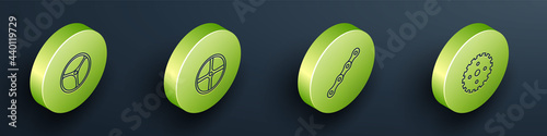 Set Isometric line Bicycle wheel, , chain and sprocket crank icon. Vector