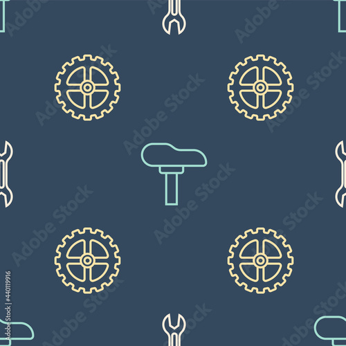 Set line Wrench spanner, Bicycle sprocket crank and seat on seamless pattern. Vector