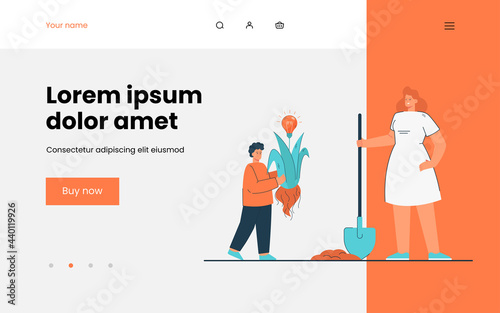 Mother and son planting creative idea. Flat vector illustration. Woman with shovel helping little boy with bedding out plant with yellow bulb. Creativity, parenthood, care, help, idea, talent concept