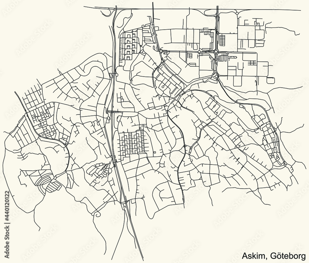 Fototapeta premium Black simple detailed street roads map on vintage beige background of the quarter Askim district of Gothenburg, Sweden