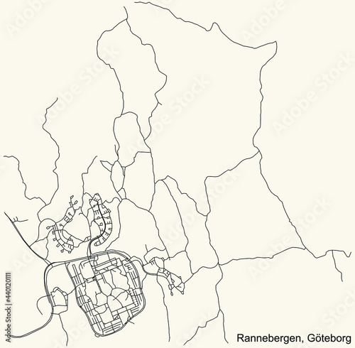 Black simple detailed street roads map on vintage beige background of the quarter Rannebergen district of Gothenburg, Sweden