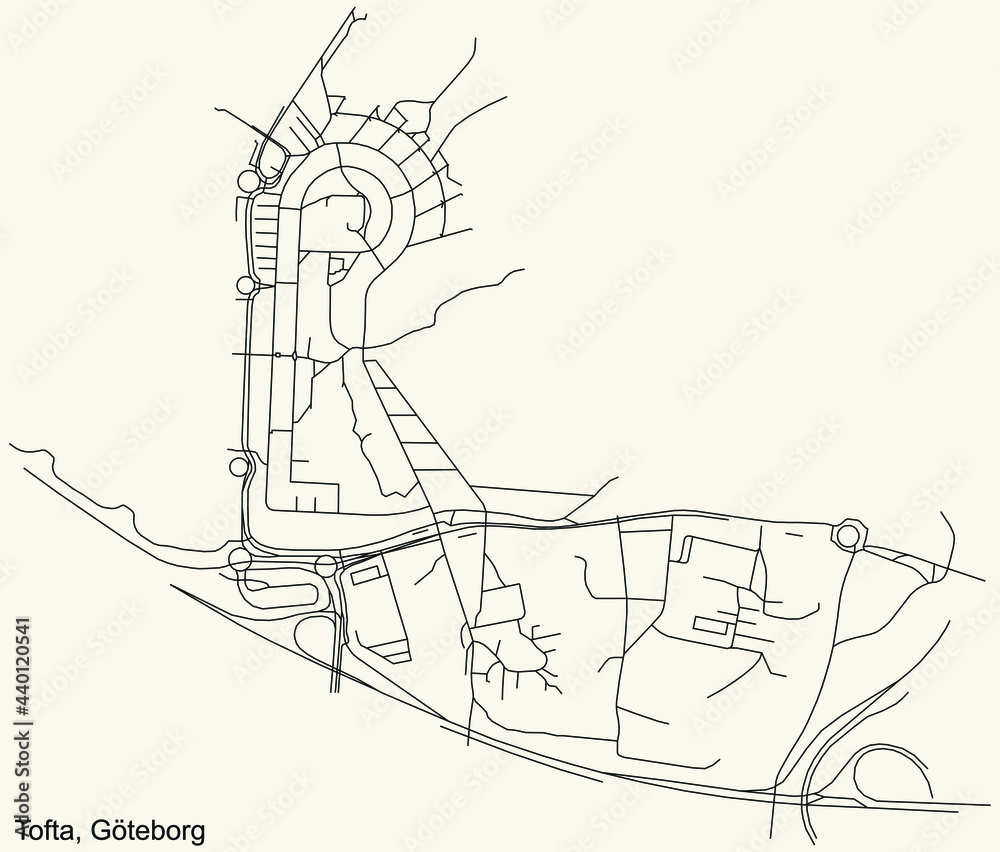 Fototapeta premium Black simple detailed street roads map on vintage beige background of the quarter Tofta district of Gothenburg, Sweden