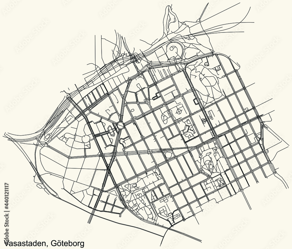 Black simple detailed street roads map on vintage beige background of the quarter Vasastaden district of Gothenburg, Sweden
