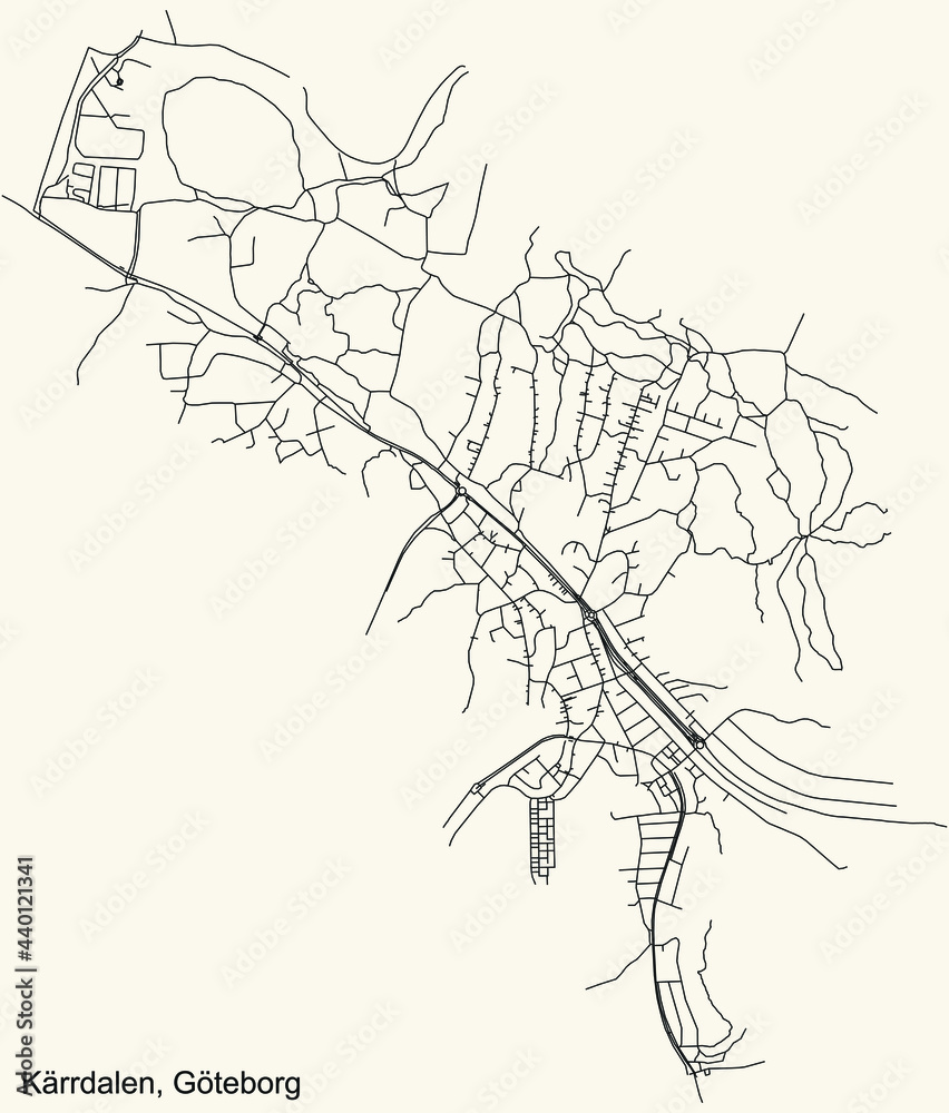 Black simple detailed street roads map on vintage beige background of the quarter Kärrdalen district of Gothenburg, Sweden