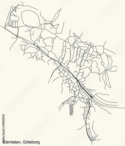 Black simple detailed street roads map on vintage beige background of the quarter Kärrdalen district of Gothenburg, Sweden