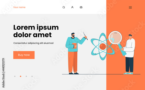 Student and teacher passionate about science. Flat vector illustration. Young man with giant magnifying glass, professor with pointer, atom model in background. Science, education, physics concept