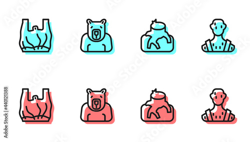 Set line Deforestation, Say no to plastic bags poster, Polar bear head and High human body temperature icon. Vector