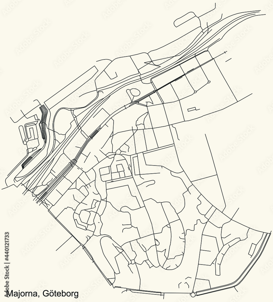 Black simple detailed street roads map on vintage beige background of the quarter Majorna district of Gothenburg, Sweden