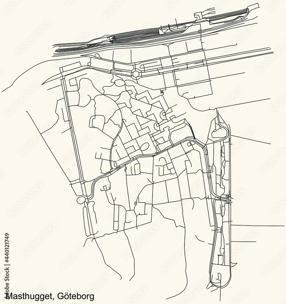 Black simple detailed street roads map on vintage beige background of the quarter Masthugget district of Gothenburg, Sweden