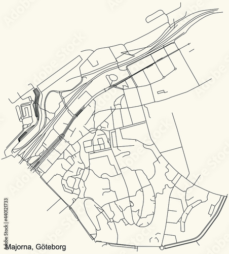 Black simple detailed street roads map on vintage beige background of the quarter Majorna district of Gothenburg, Sweden photo