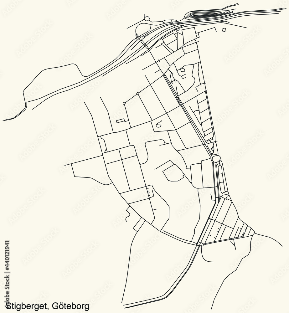 Black simple detailed street roads map on vintage beige background of the quarter Stigberget district of Gothenburg, Sweden