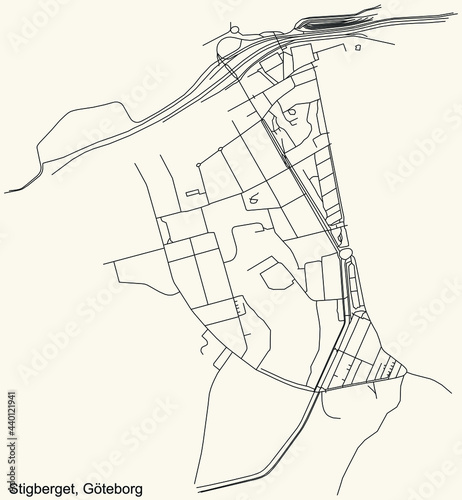 Black simple detailed street roads map on vintage beige background of the quarter Stigberget district of Gothenburg  Sweden