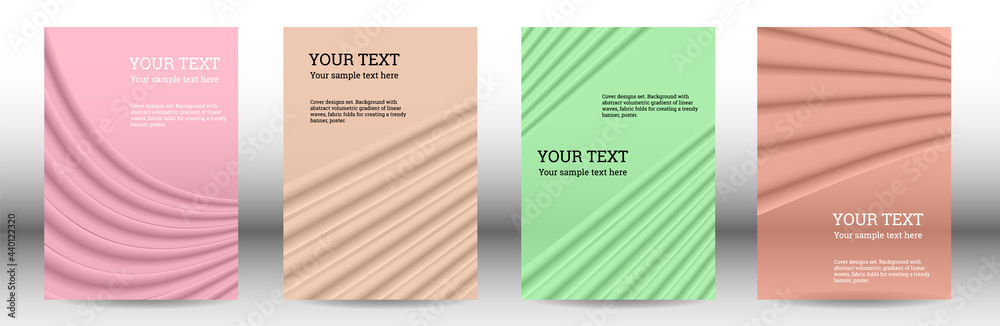Fototapeta premium Cover designs set. Background with abstract volumetric gradient of linear waves, fabric folds for creating a trendy banner, poster