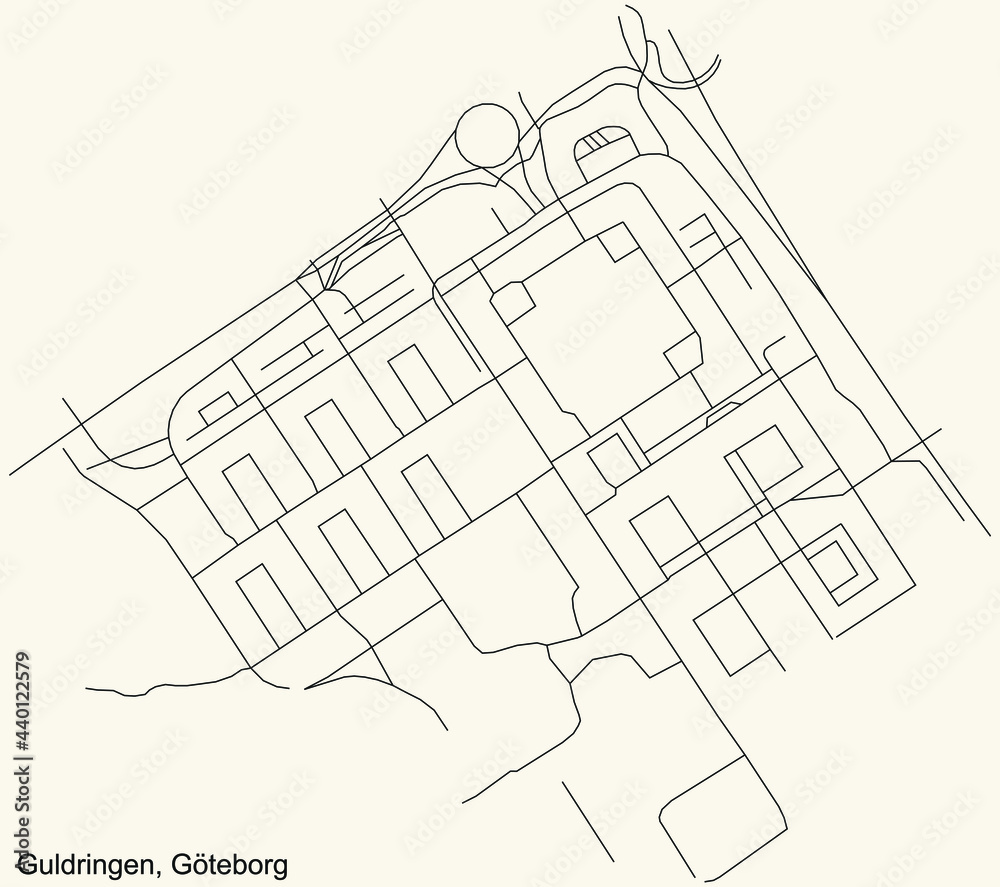 Black simple detailed street roads map on vintage beige background of the quarter Guldringen district of Gothenburg, Sweden