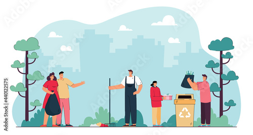 Volunteers cleaning up garbage in city park. Happy people working together, collecting trash flat vector illustration. Ecology, nature, community, teamwork concept