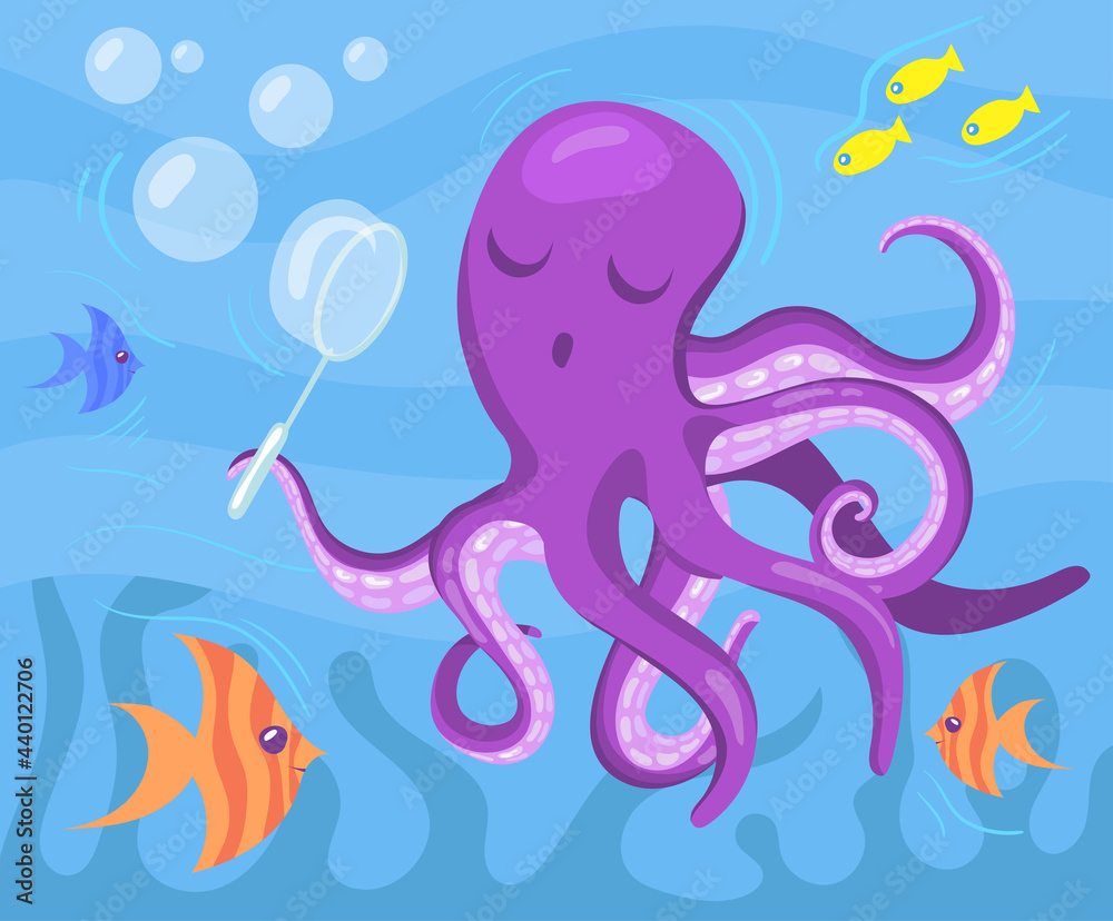 Cute purple octopus blowing soap bubbles underwater. Cartoon vector illustration. Octopus and colorful fish swimming in ocean and having fun. Animal, nature, fairytale, ocean concept for banner design