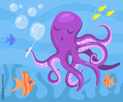 Cute purple octopus blowing soap bubbles underwater. Cartoon vector illustration. Octopus and colorful fish swimming in ocean and having fun. Animal, nature, fairytale, ocean concept for banner design