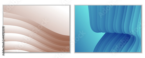 Abstract gradient waves background and folds. A set of 2 templates. 3D illustration in gentle pastel colors. Vector