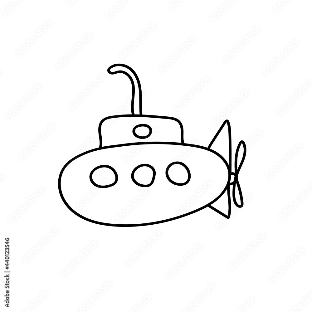 Vector illustration. Hand drawn doodle of submarine with periscope and portholes. Cartoon sketch. Isolated on white background. Vector illustration. Hand drawn doodle of submarine with periscope and portholes. Cartoon sketch. Isolated on white background.