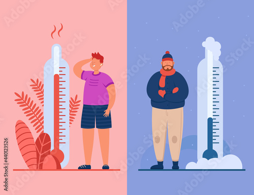 Men in heat and cold weather flat vector illustration. Male people in extreme hot and freeze. Characters in summer and winter clothes. High and low temperature, meteorology thermometer concept