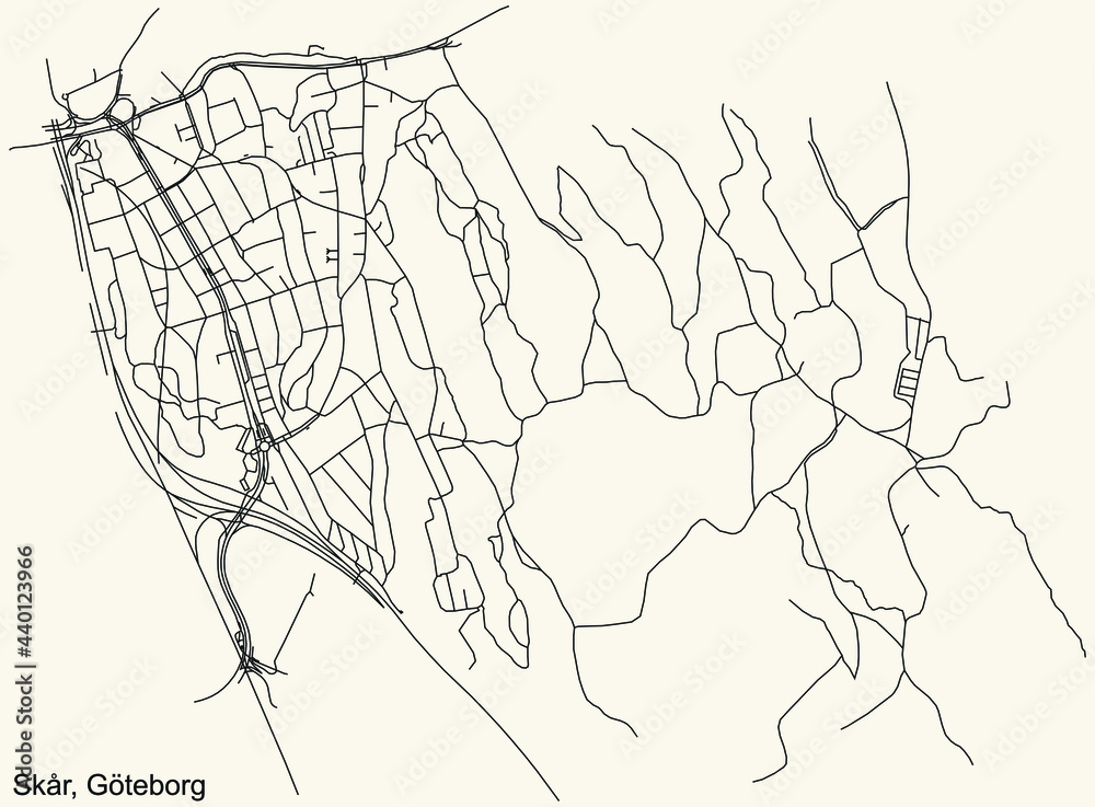 Black simple detailed street roads map on vintage beige background of the quarter Skår district of Gothenburg, Sweden