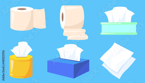 Set of tissue and toilet paper rolls cartoon vector illustration. Colorful boxes of wet wipes, towels for kitchen or bathroom. Hygiene, toiletries, sanitary concept for banner design, landing page photo