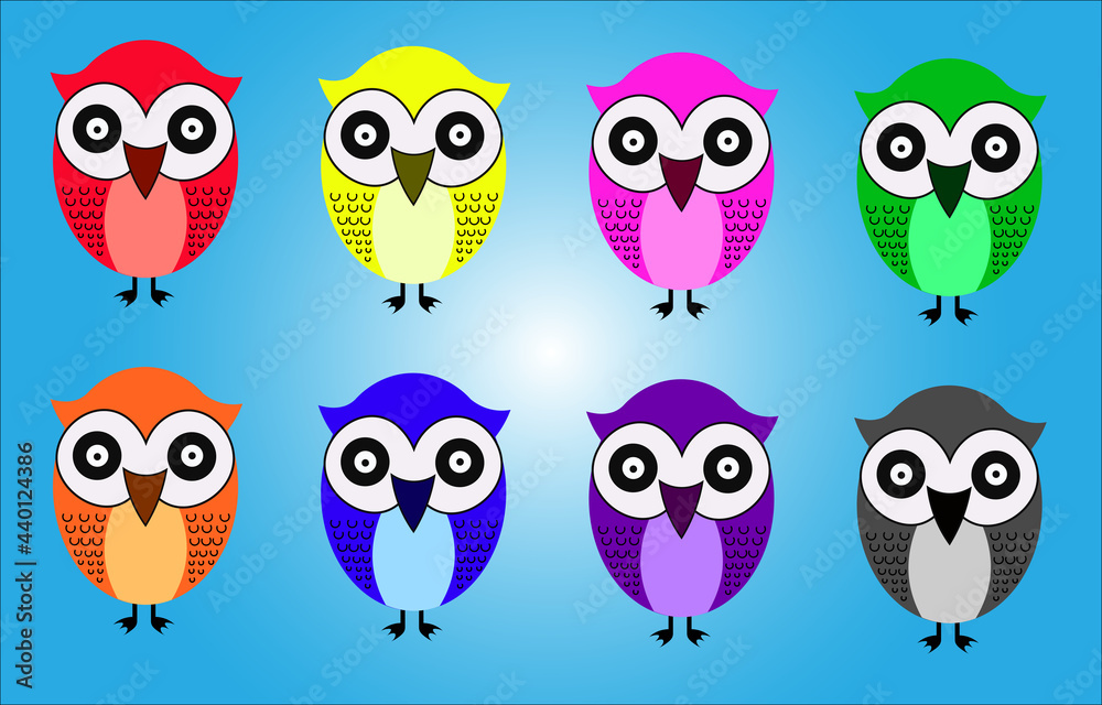 Eight colorful owls on a blue background