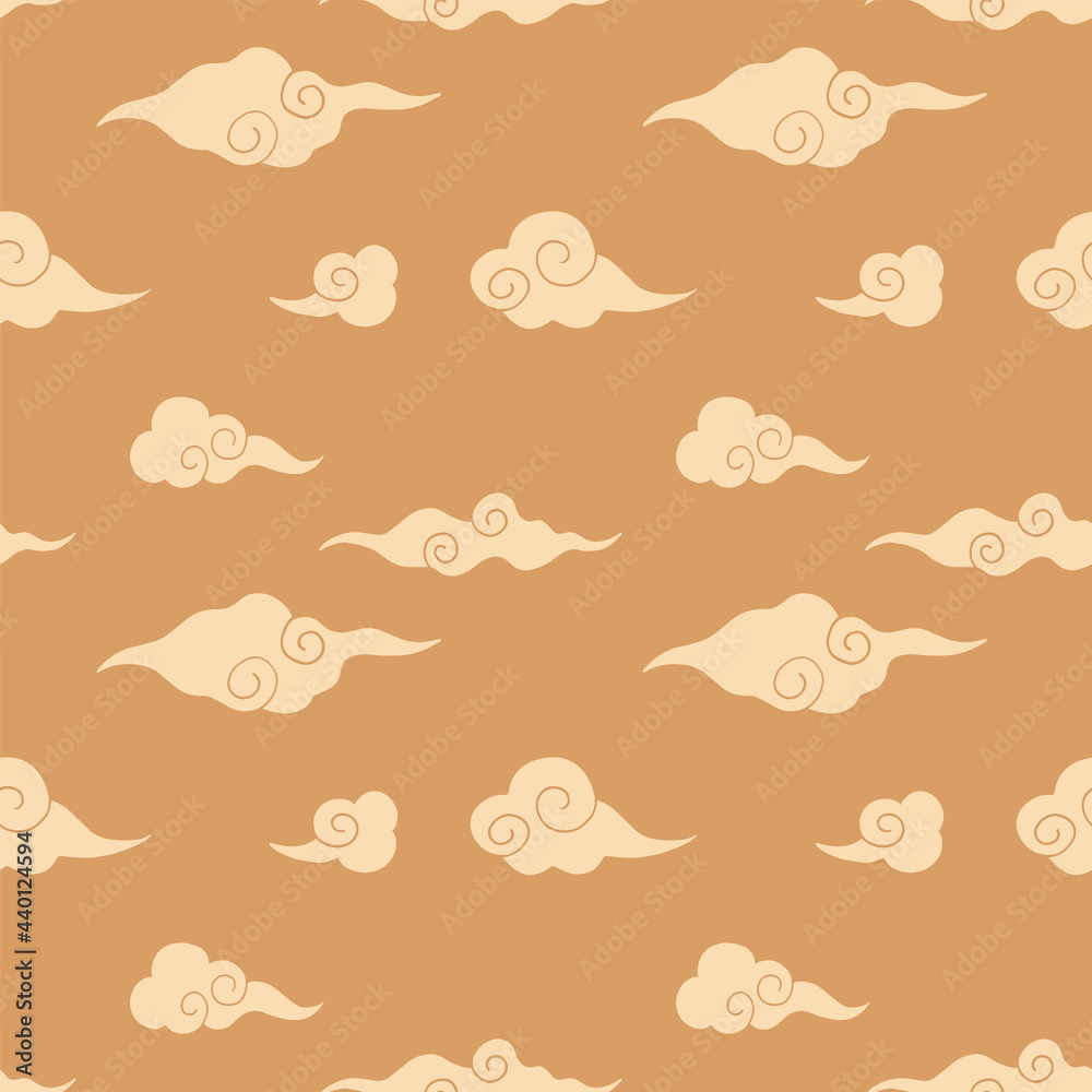 Asian clouds vector seamless pattern with beige and brown colors. Simple traditional background in asian trending style with sky. Square seamless pattern for web designs, fabrics, fashion, textile.