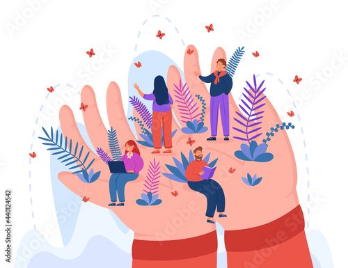 Tiny employees sitting and standing on huge hands. People working in comfortable conditions flat vector illustration. Wellbeing and support at work, security at workplace, social care concept