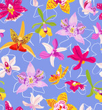 Tropical vector  pattern with different colorful orchid flowers on violet background. Amazing floral allover, with large beautiful bright flower. For decorating textiles, packaging, wallpaper.