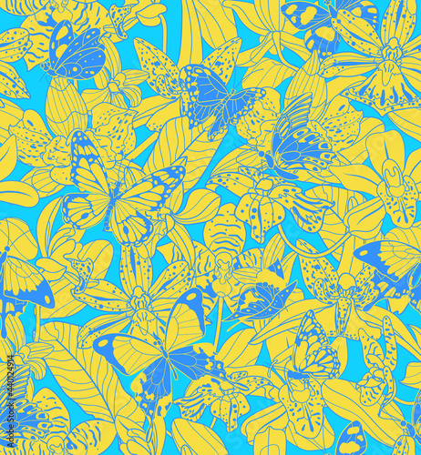 Seamless orchid and butterfly seamless pattern. Blue and yellow version. Vector illustration