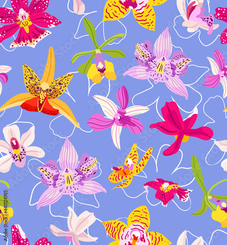 Tropical vector pattern with different colorful orchid flowers on violet background. Amazing floral allover, with large beautiful bright flower. For decorating textiles, packaging, wallpaper.